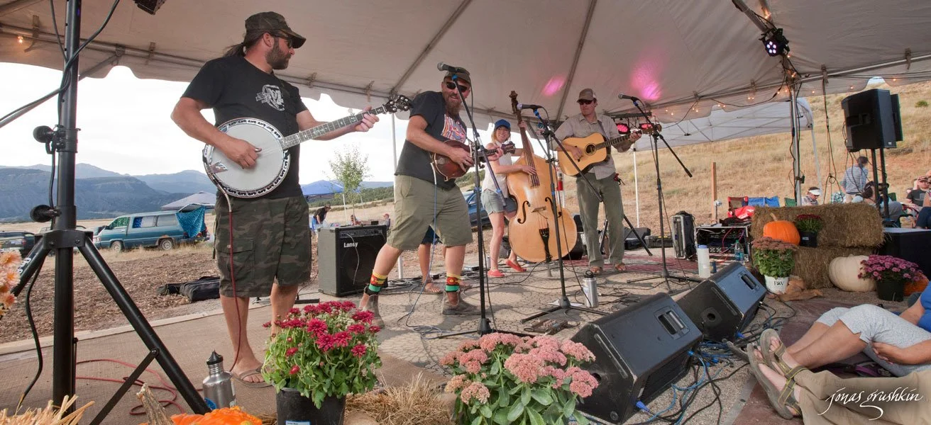 A band of five musicians performing on a stage in an open field with mountains in the background. The band includes a banjo player, a lead singer with a guitar, a double bassist, and another guitarist, with some audience members seated nearby. The stage is decorated with pumpkins and flowers.