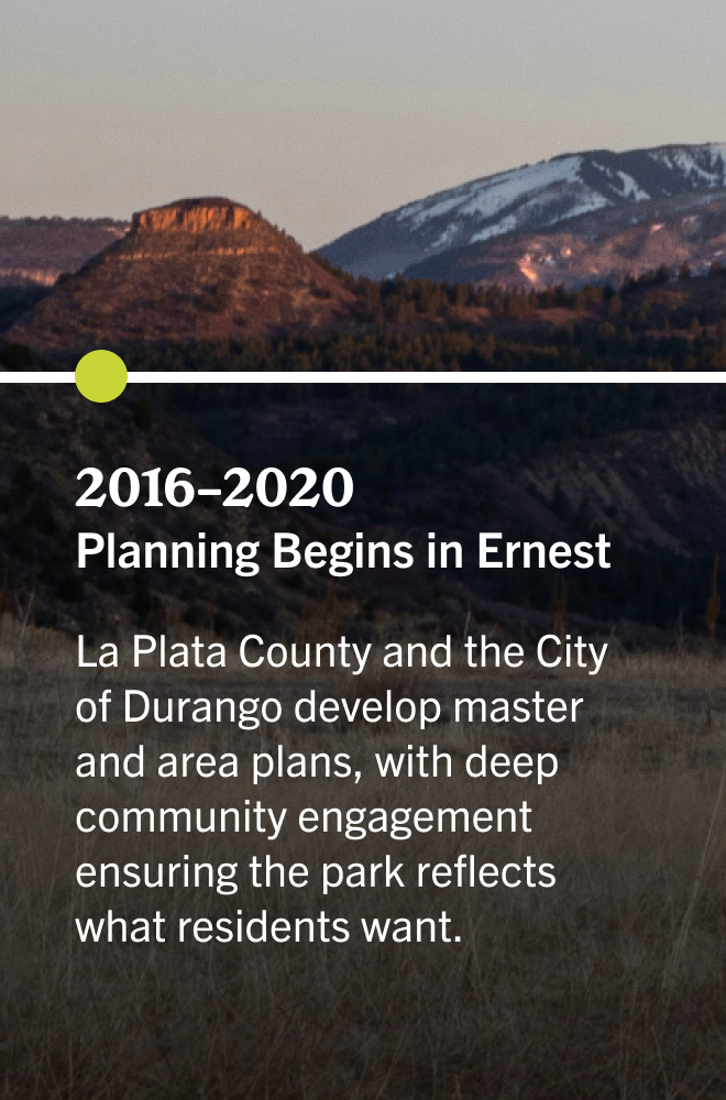 A scenic landscape with mountains, one with snow, in the background, and dry grassland in the foreground. Overlaid text discusses planning for Ernest in La Plata County, Durango.