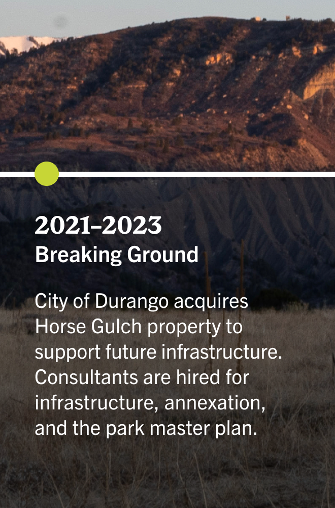 Scenic view of rugged mountains with a topographic map overlay indicating development projects in Durango, including land acquisition and infrastructure planning.