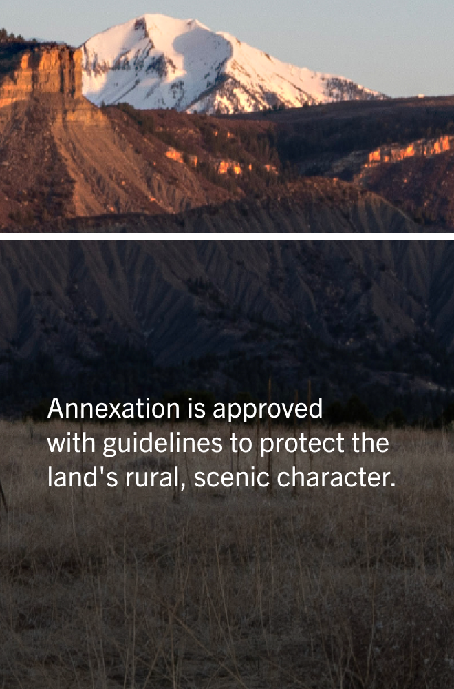 Photo of a snow-capped mountain and rugged hills with dry grass in the foreground, overlaid with text about land annexation guidelines.