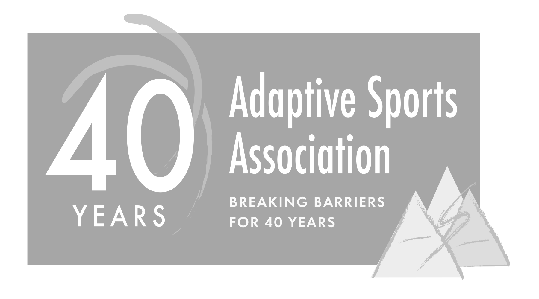 Logo celebrating 40 years of the Adaptive Sports Association with mountains and a swoosh design, and text that reads 'Breaking barriers for 40 years'.