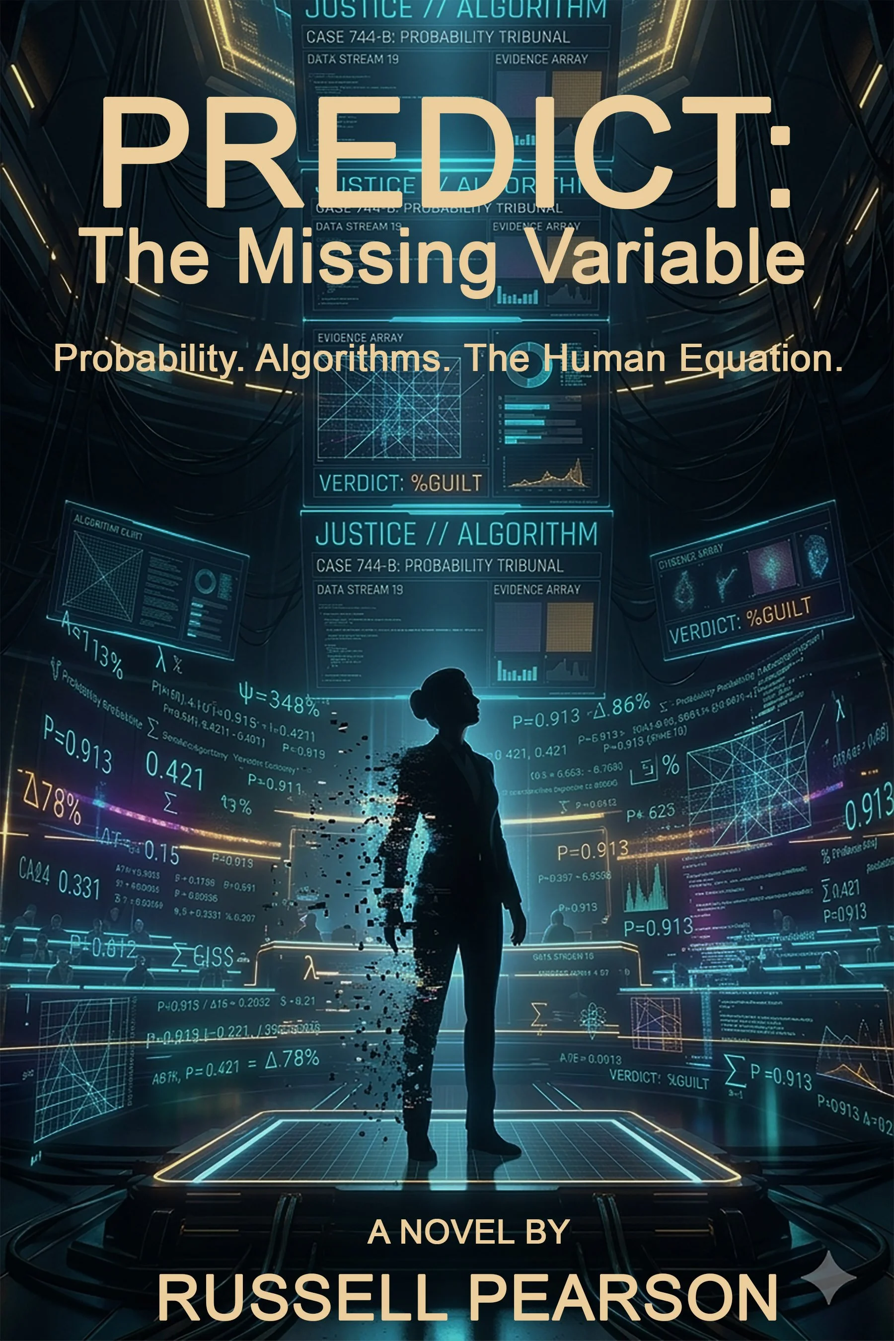 Book cover of 'Predict: The Missing Variable' by Russell Pearson, featuring a woman silhouette in front of futuristic digital screens with data graphs and algorithms, dark blue background, tech-themed design.