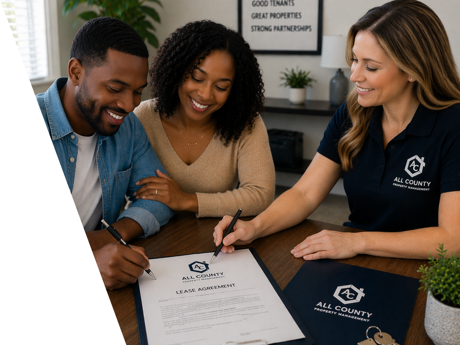 An All County property manager guiding a happy couple through the signing of their lease agreement, reflecting a professional and supportive partnership.