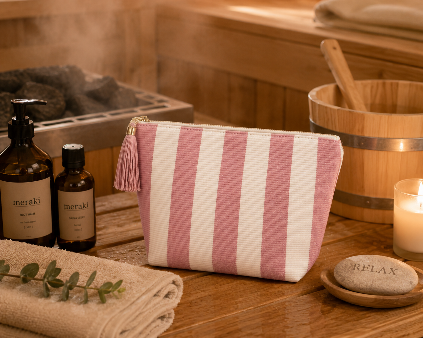 Blush Pink & White Striped Canvas Cosmetic Bag, Contrast Zipper & Tassel Decor, Minimalist Style Toiletry Pouch, Suitable For Travel And Daily Skincare Organization (Copy)