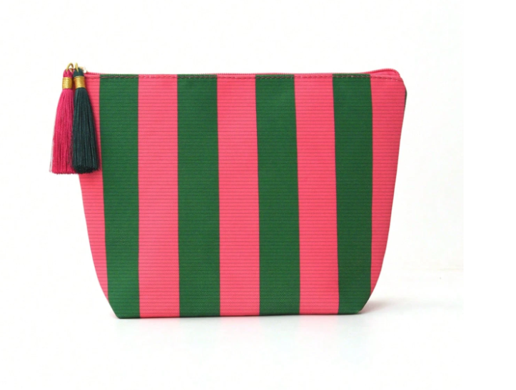 Green and Rose  Striped Canvas Cosmetic Bag, Contrast Zipper & Tassel Decor, Minimalist Style Toiletry Pouch, Suitable For Travel And Daily Skincare Organization