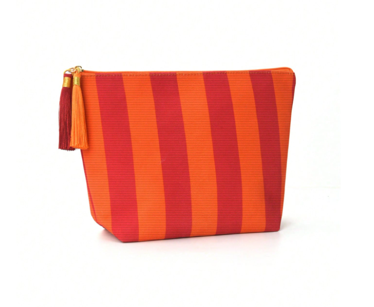 Red and Orange Striped Canvas Cosmetic Bag, Contrast Zipper & Tassel Decor, Minimalist Style Toiletry Pouch, Suitable For Travel And Daily Skincare Organization