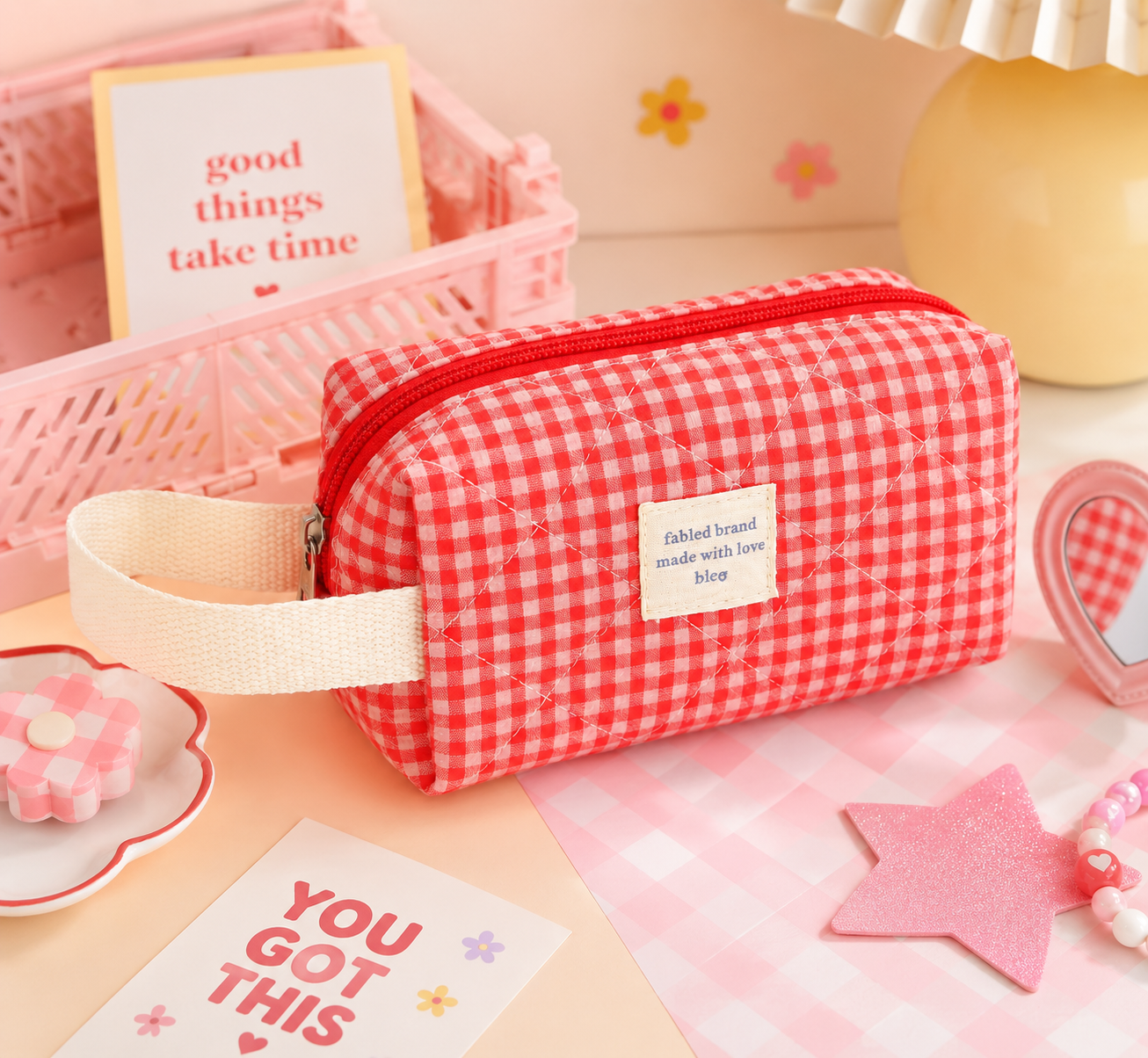 Red Quilted Checkered Makeup Bag Small Travel Makeup Bag Toiletries Travel Bag Makeup Organizer Large Capacity Makeup Bag Makeup Organizer Wallet  For Girls and women