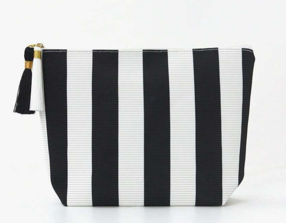 Black & White Striped Canvas Cosmetic Bag, Contrast Zipper & Tassel Decor, Minimalist Style Toiletry Pouch, Suitable For Travel And Daily Skincare Organization