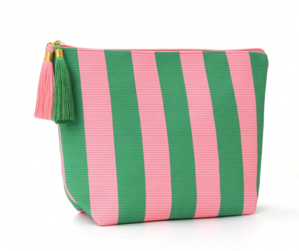 Green and Pink Striped Canvas Cosmetic Bag, Contrast Zipper & Tassel Decor, Minimalist Style Toiletry Pouch, Suitable For Travel And Daily Skincare Organization