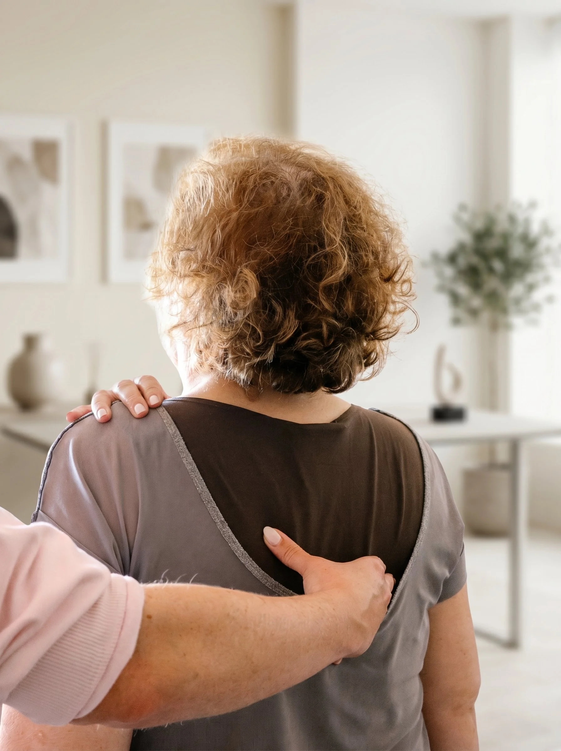 A person with curly, reddish-brown hair is receiving a vaccination from a healthcare professional in a clinical setting.