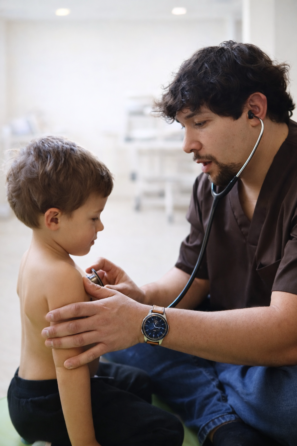 A healthcare professional using a stethoscope on a young boy in a medical setting.