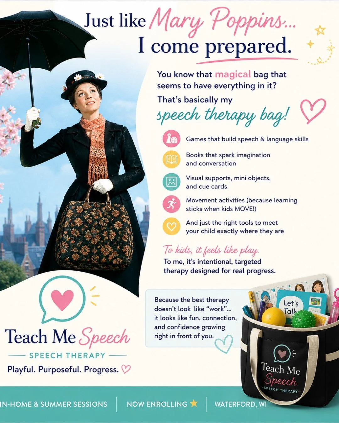 If you&rsquo;ve ever wondered what&rsquo;s in my speech therapy bag&hellip; it&rsquo;s basically a little bit of magic 👜✨

Just like Mary Poppins, I come prepared&mdash;with tools that turn play into real progress.

✔ Speech sound practice
✔ Languag