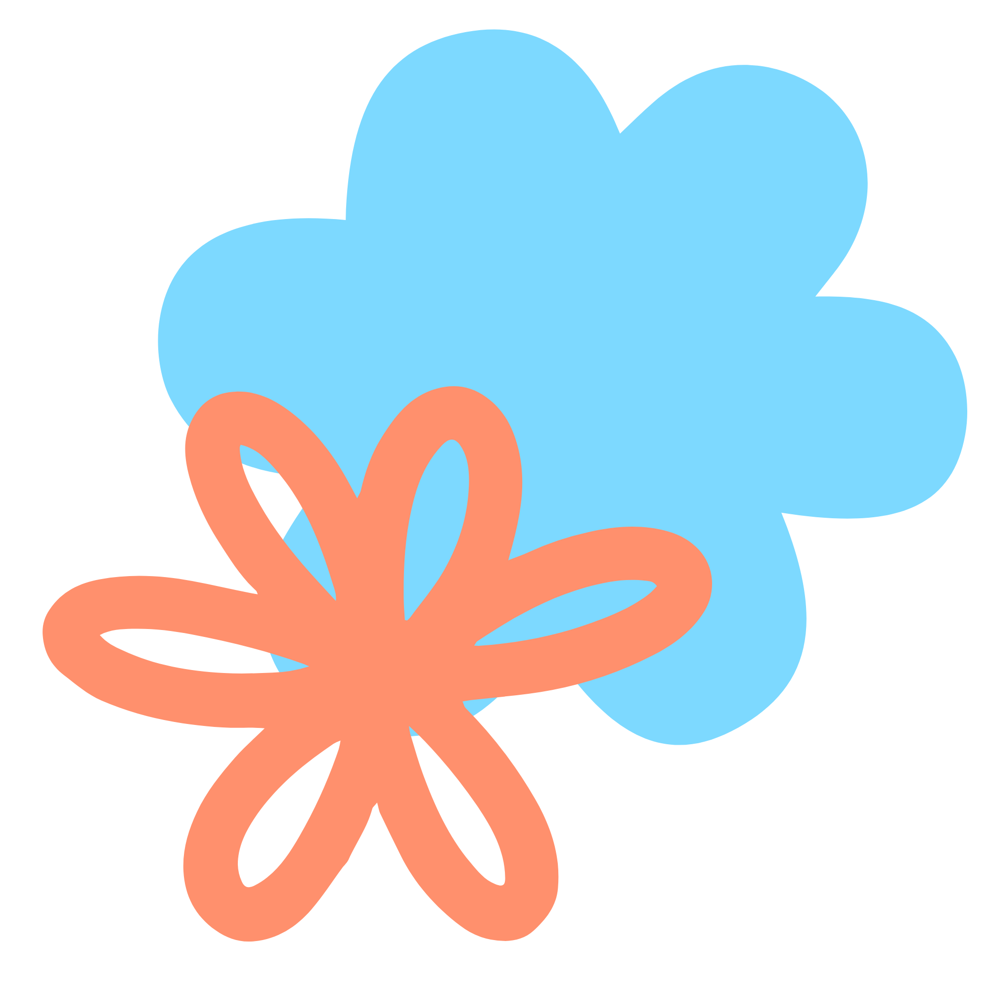 Abstract illustration of a two-colored flower with a light blue background petal and an orange foreground petal design. Graphic for Teach Me Speech.