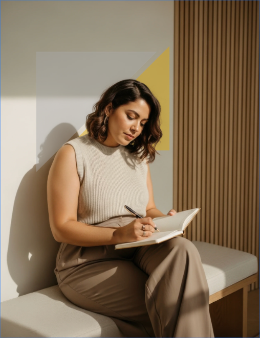 Mujer sentada escribiendo en un cuaderno, en un entorno interior con paredes decoradas y paneles de madera.