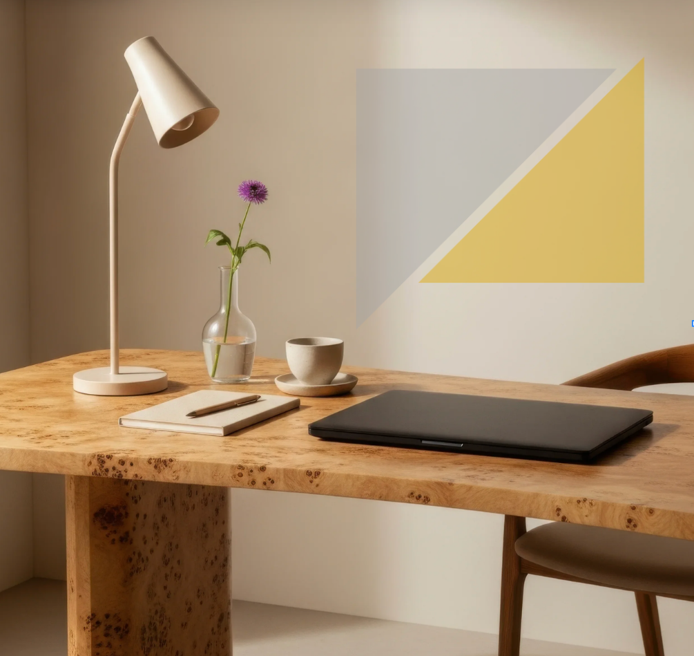 Mesa de madera con lámpara de escritorio, flor en vaso de vidrio, taza con plato, cuaderno y laptop, con pared decorada con formas geometricas en colores gris y amarillo.