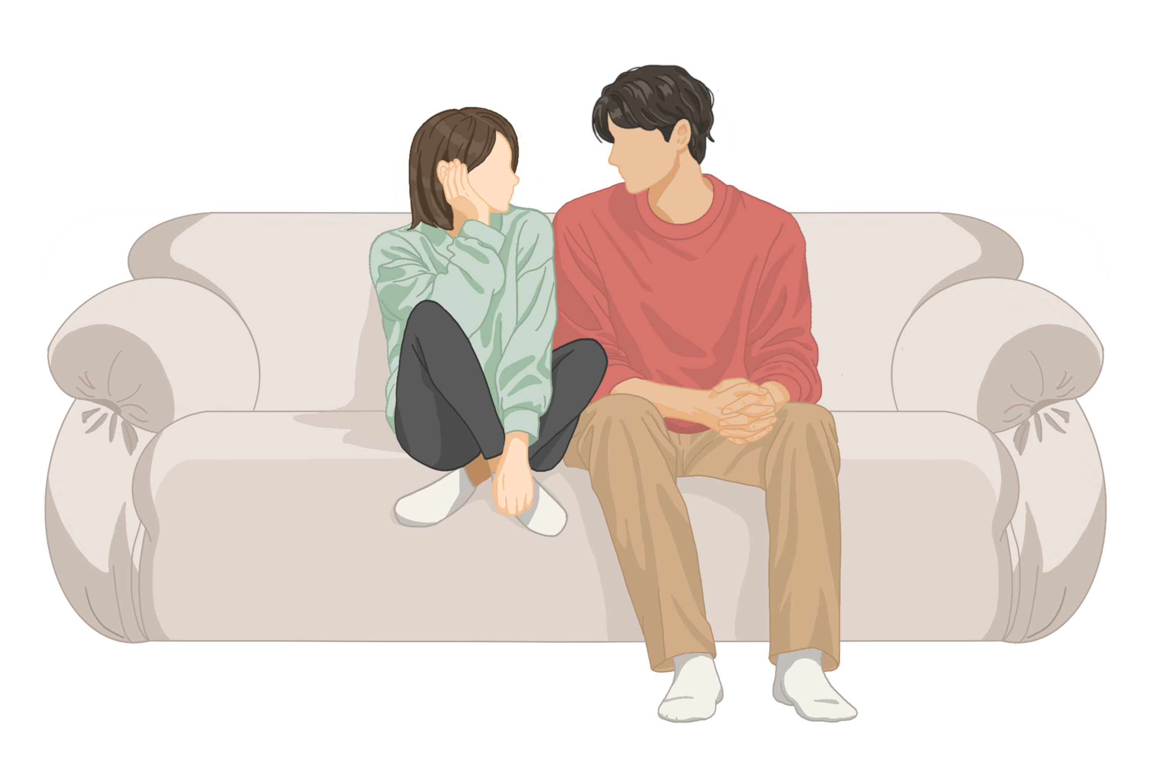 A young woman with brown hair and a man with dark hair sit close on a white sofa, engaging in a conversation, with the woman's hand touching her face.