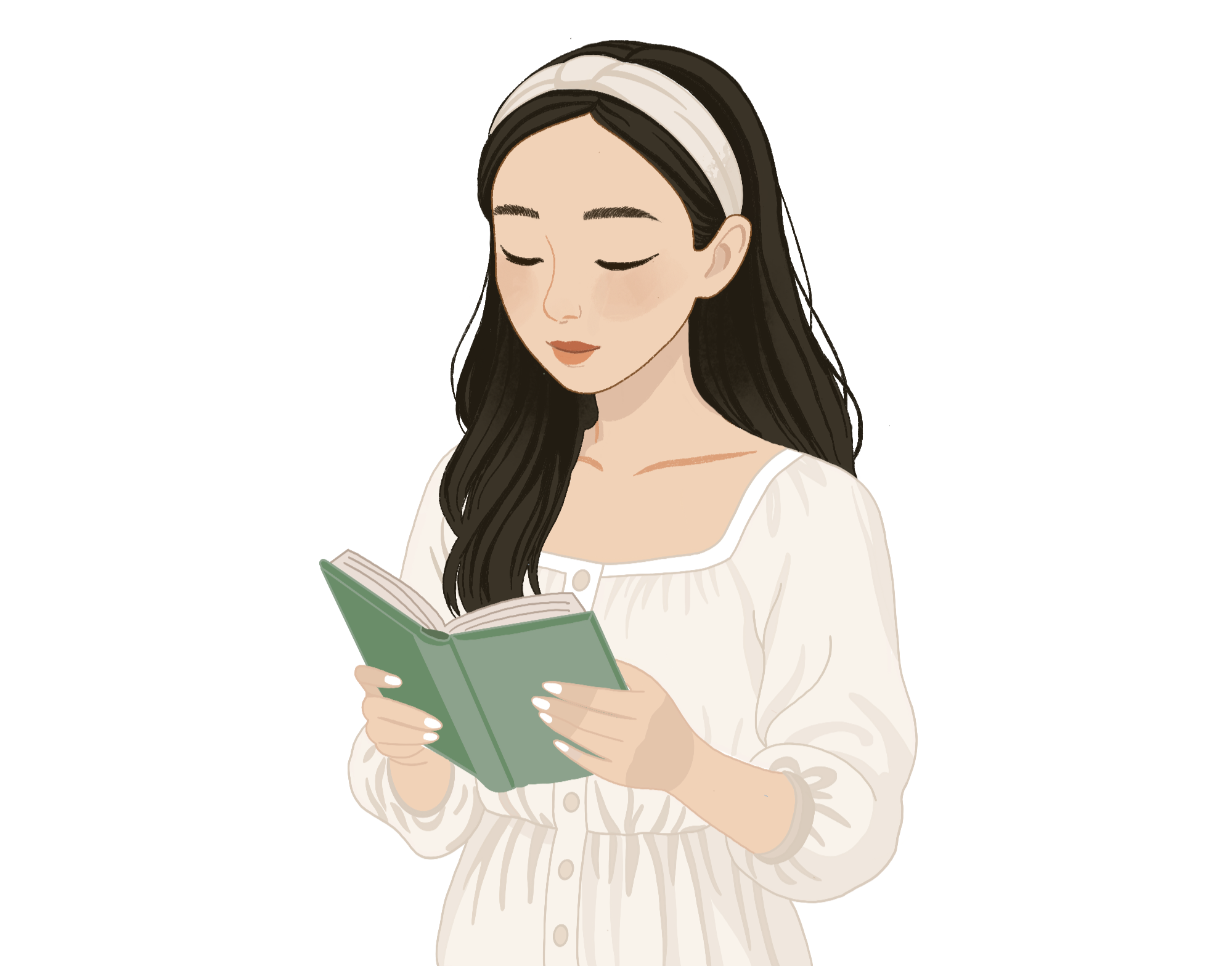 An illustration of a young woman with long dark hair, wearing a white headband and a cream-colored blouse with a button, reading a green book.