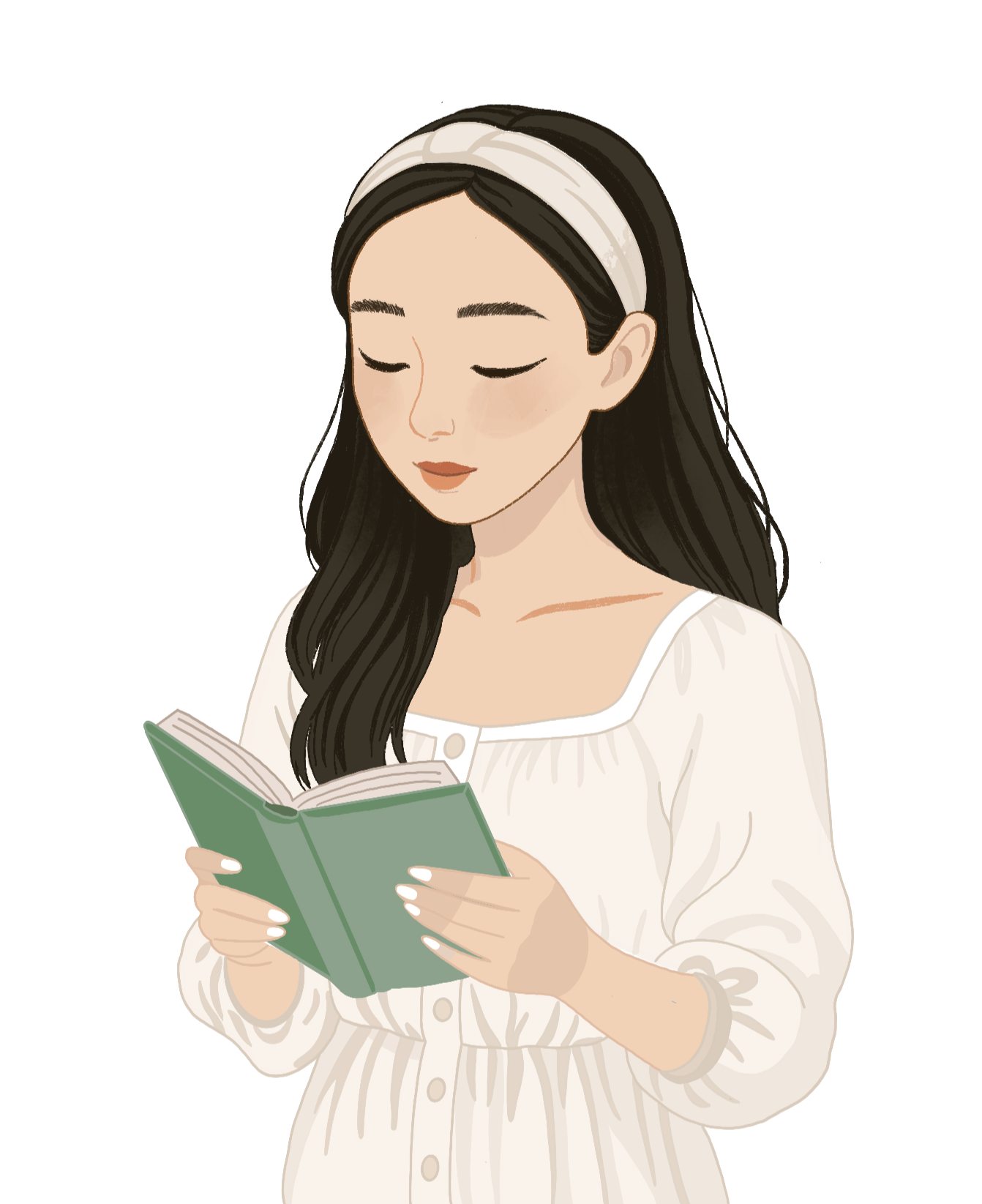 A woman with long dark hair wearing a white headband and a white dress with buttons, reading a green book.