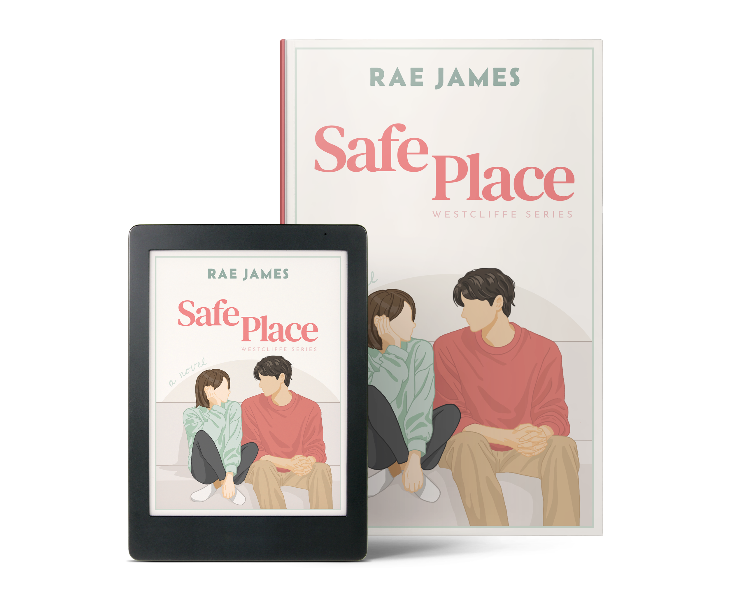 Cover of the book "Safe Place" by Rae James, shown alongside a tablet version of the cover. The illustration depicts a boy and girl sitting closely, engaging in a conversation.