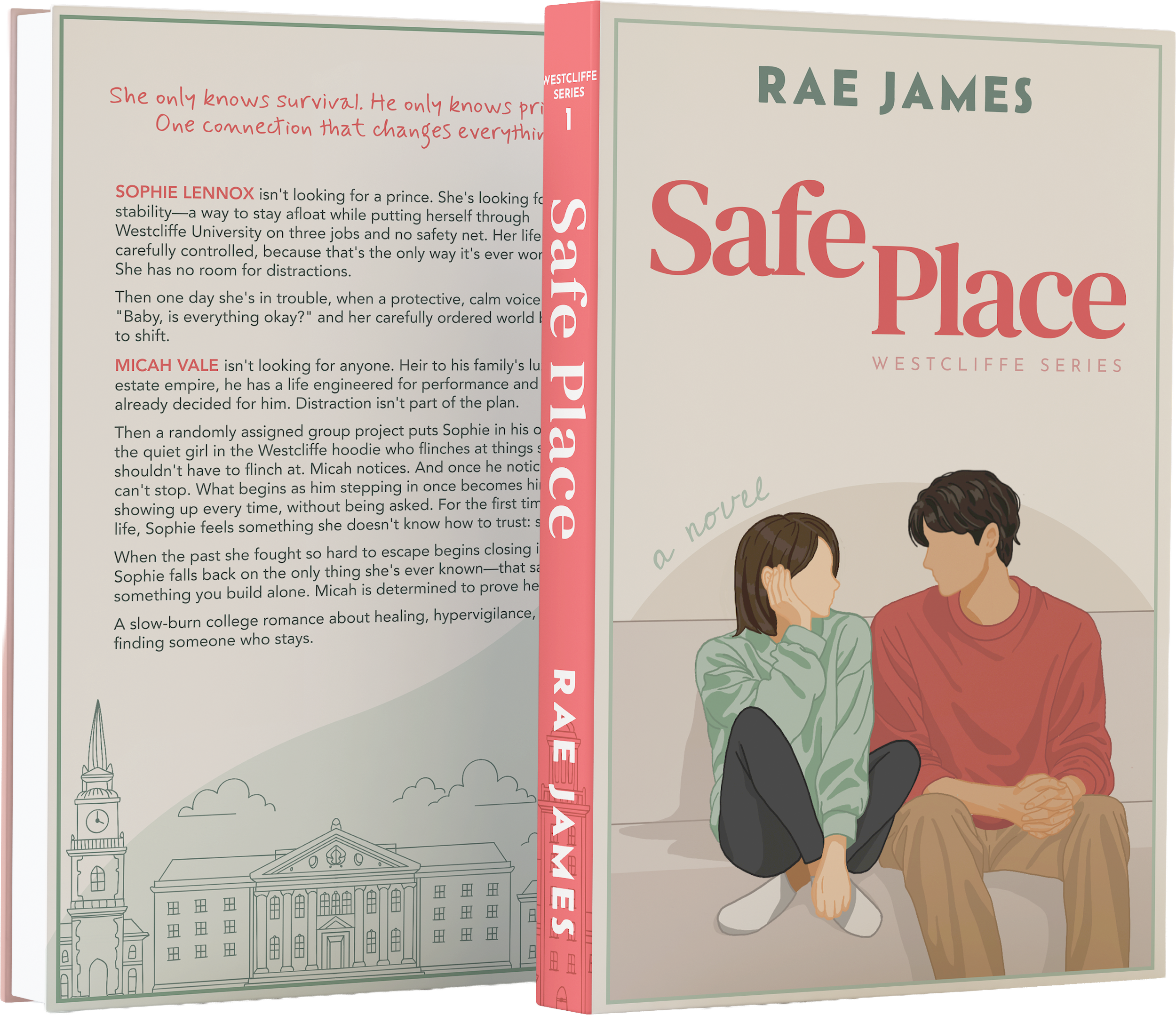 Front cover and spine of a book titled "Safe Place" by Rae James, part of the Westcliffe series. The cover features an illustration of two people sitting close, with one whispering to the other, in a casual and warm scene.