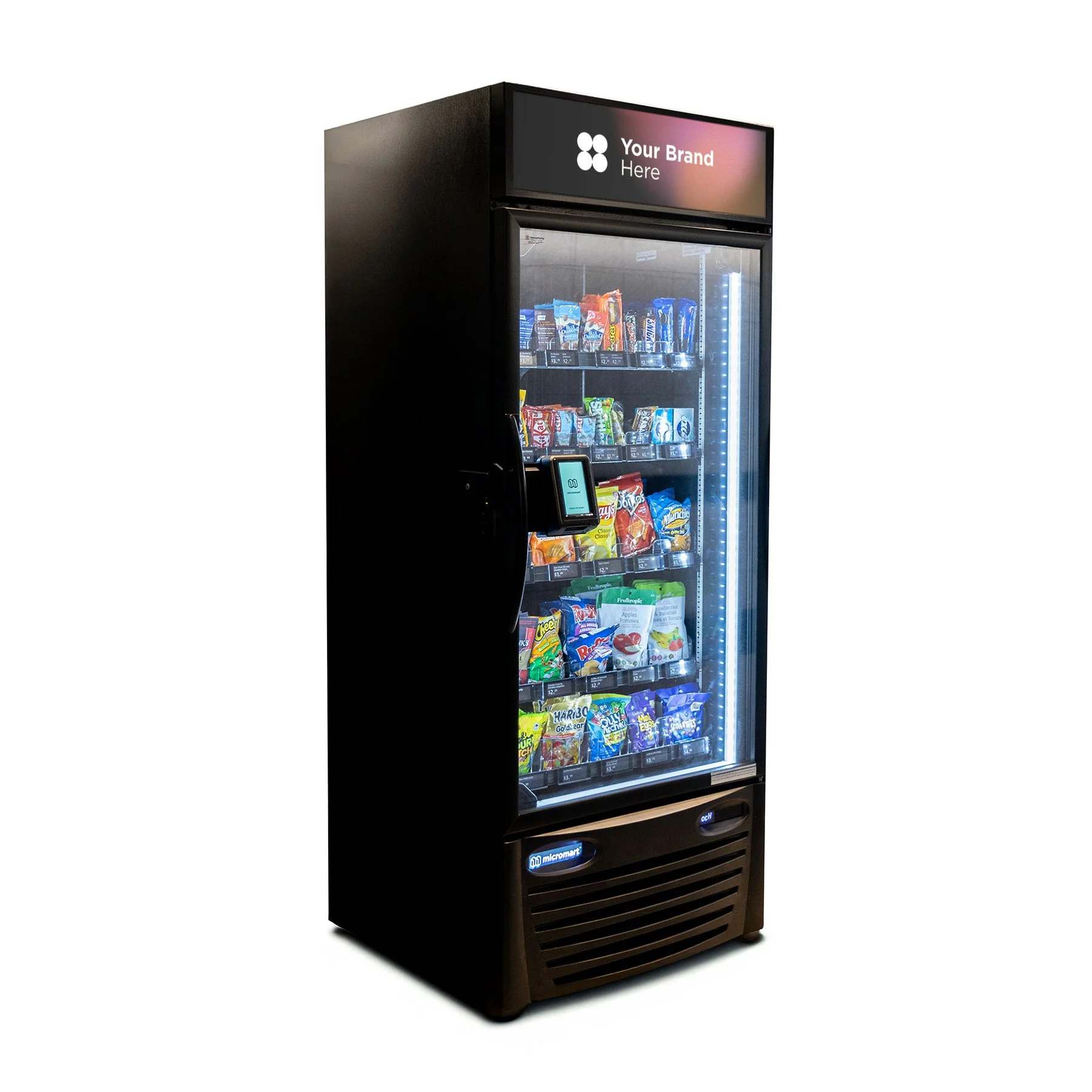 Black vending machine stocked with snacks and a digital payment terminal