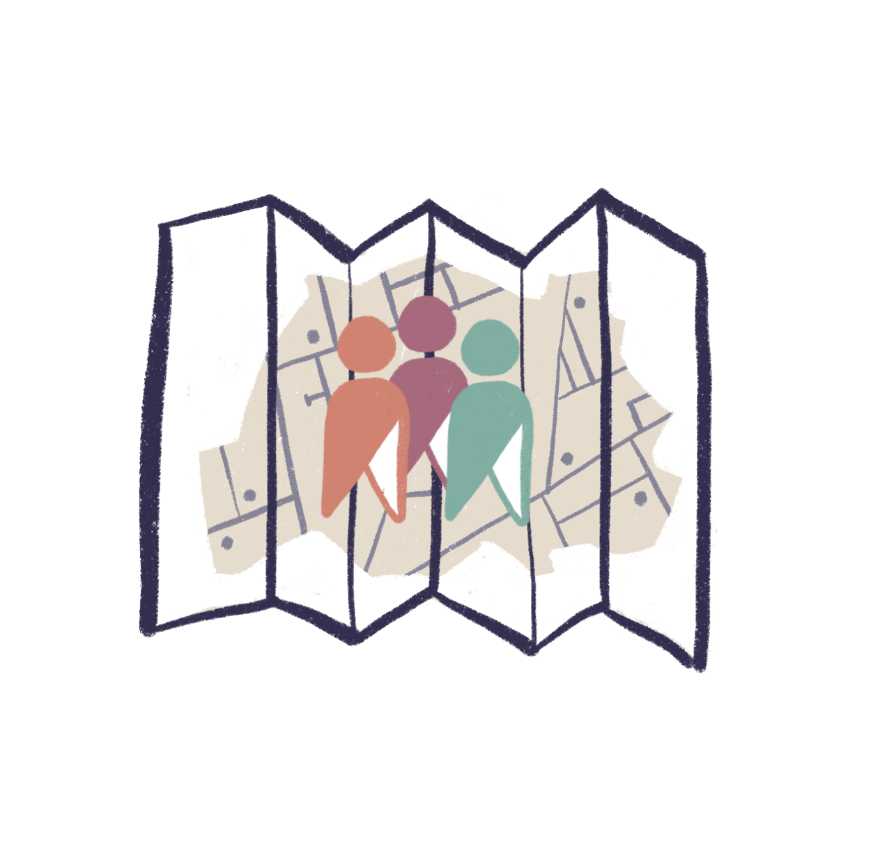 A drawing of five figures, all connected together in a pentagon.