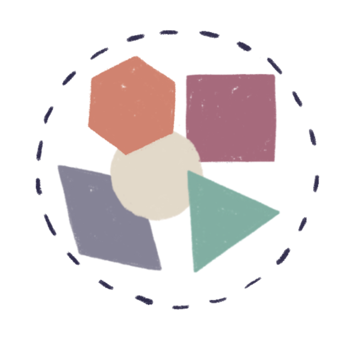 A drawing of five coloured shapes in a circle, with a dotted line around them