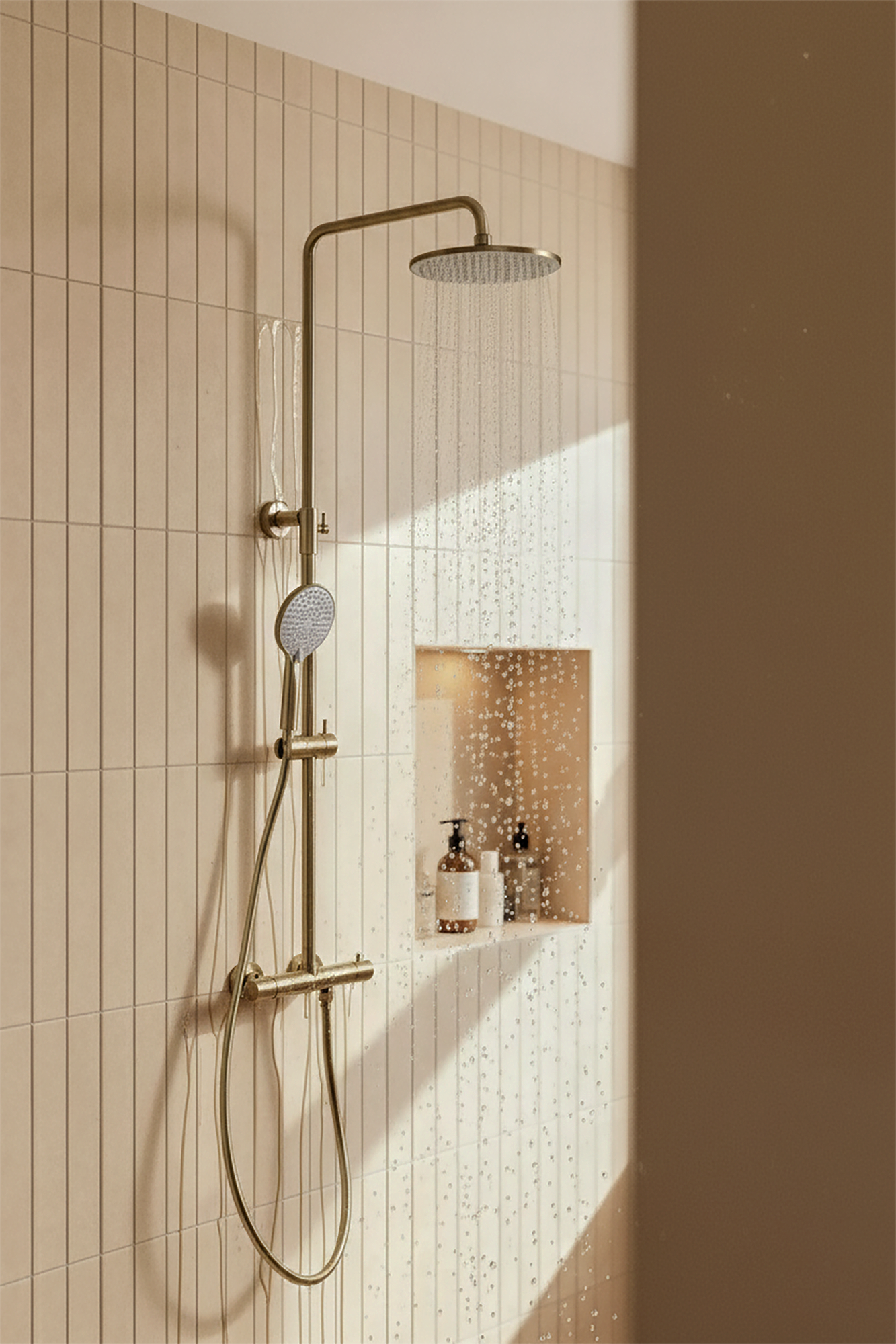 Fuga de agua en una ducha, en un baño moderno, Molion lo soluciona