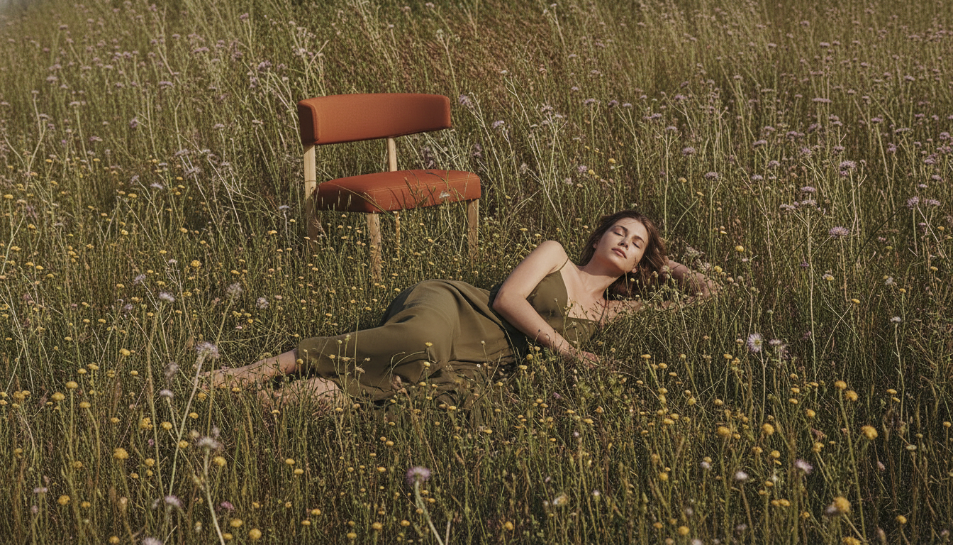 A woman lying on her side in a field of wildflowers with a brown chair nearby.