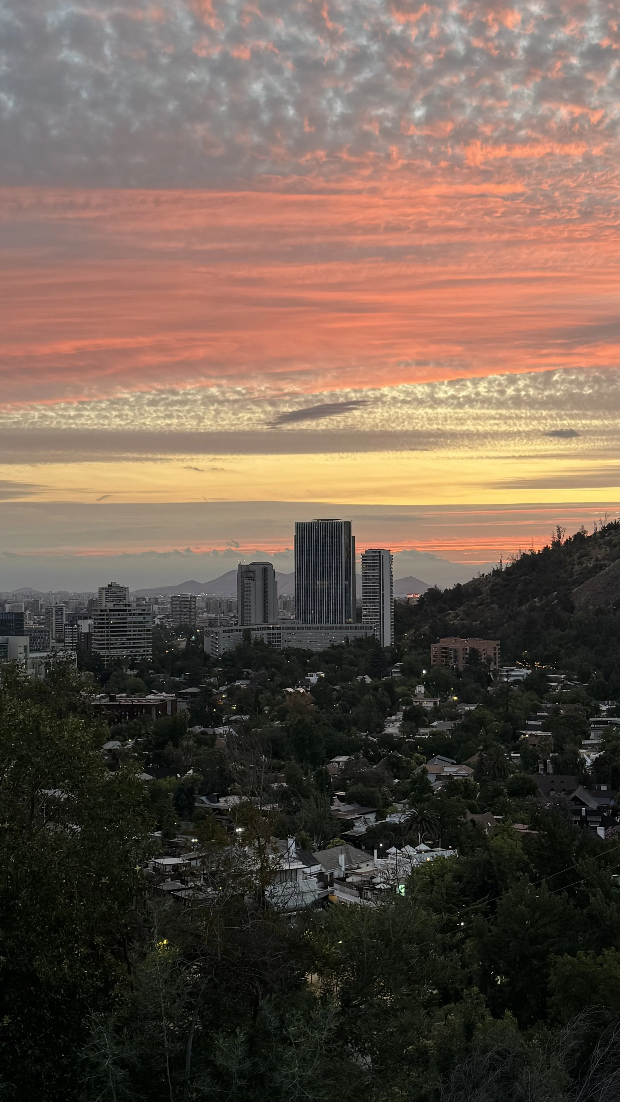 City skyline at sunset with colorful sky and clouds, with tall buildings and surrounding greenery.