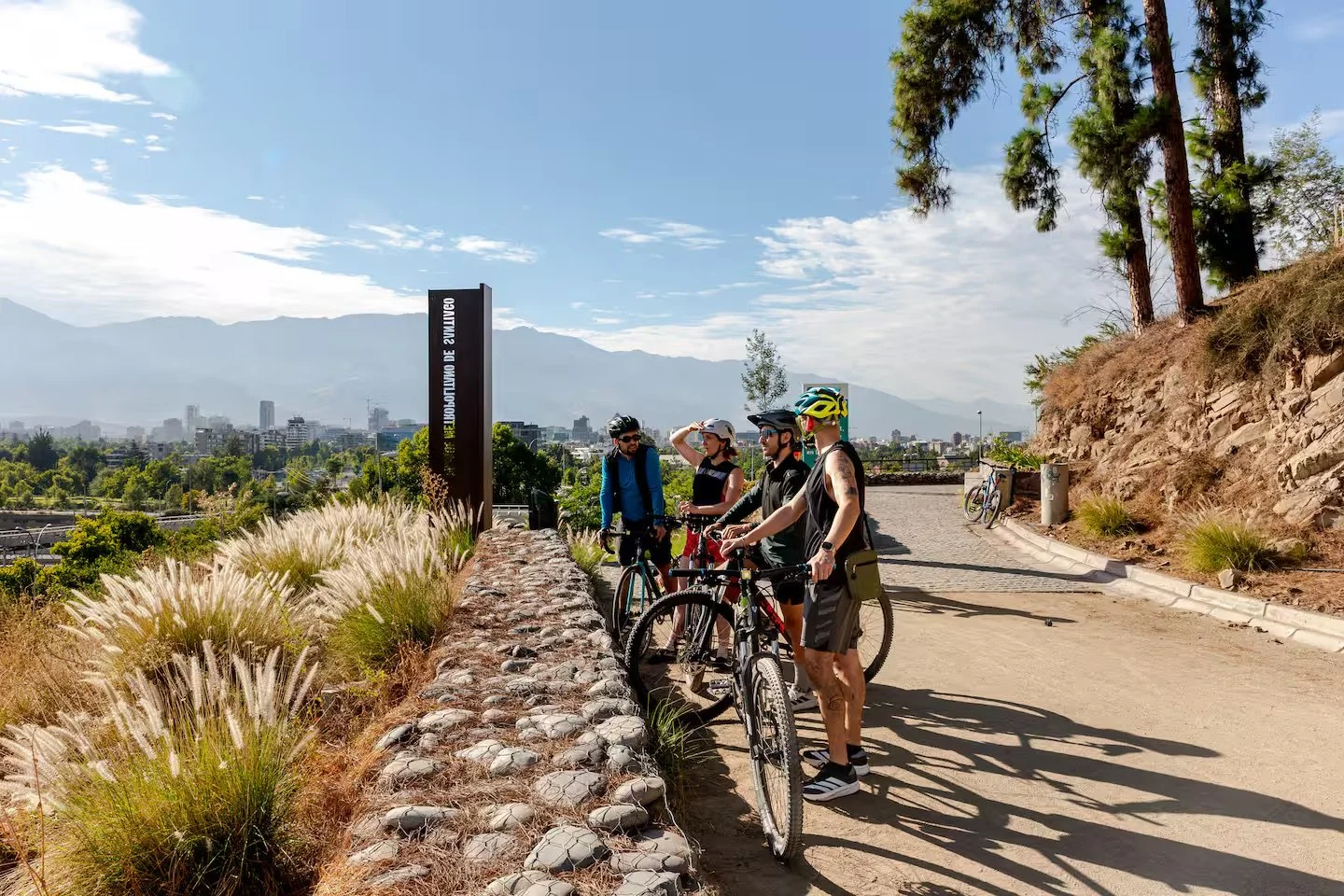 Group of four cyclists with helmets and bikes, standing on a paved bike path in an outdoor park with city skyline, mountains, and trees in the background.