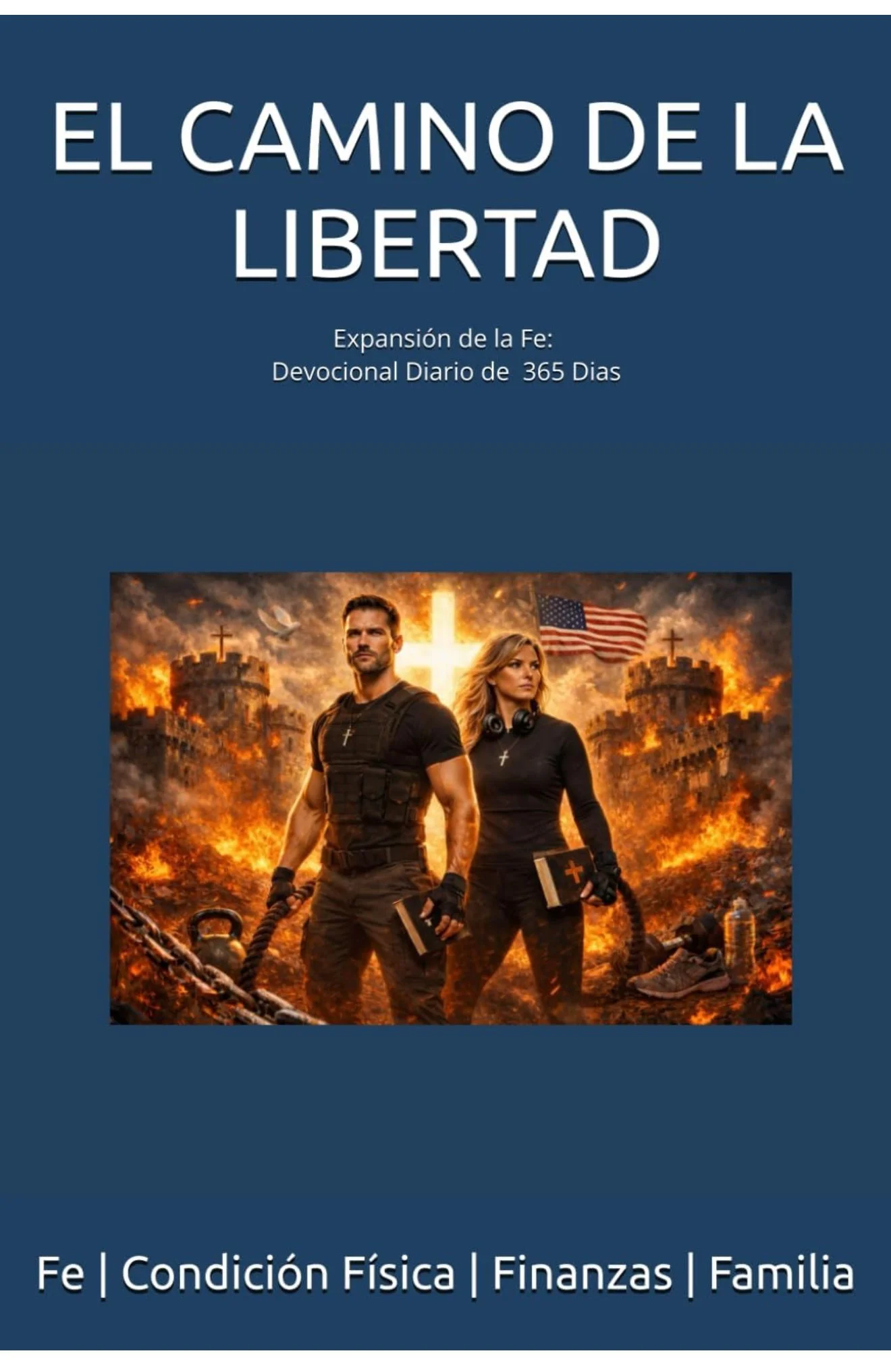 Book cover titled "El Camino de la Libertad" with a subtitle "Expansión de la Fe: Devocional Diario de 365 Días". The cover shows two people dressed as firefighters or rescue workers, holding books, with a background of a burning city, flames, smoke, an American flag, a cross, and debris.