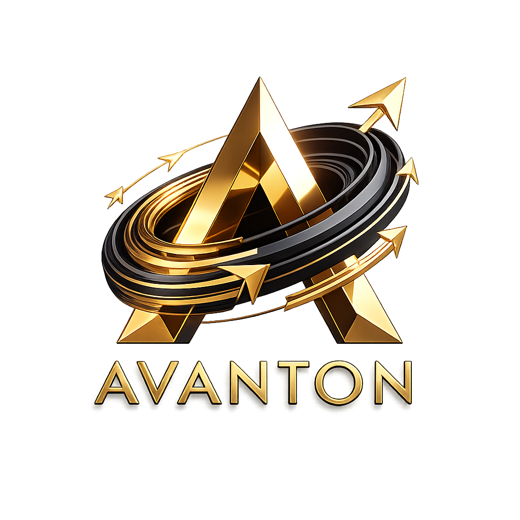 A 3D gold and black logo featuring a stylized letter A with a circular orbit of arrows around it, and the word "AVANTON" in gold letters below.