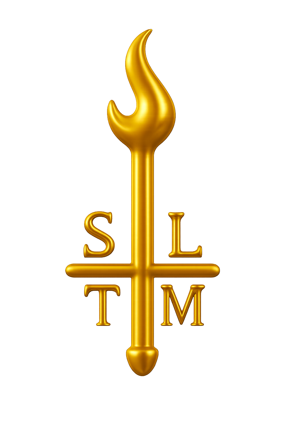 A gold trowel with the letters S, L, T, M arranged vertically around its handle, resembling a symbolic or logo design.
