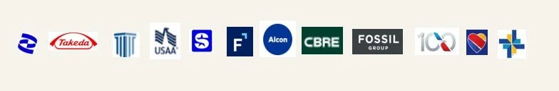 Collection of 13 company logos, including Takeda, Tuff, USA, S, F, Alcon, CBRE, Fossil Group, 100, a heart with a check mark, and a plus sign.