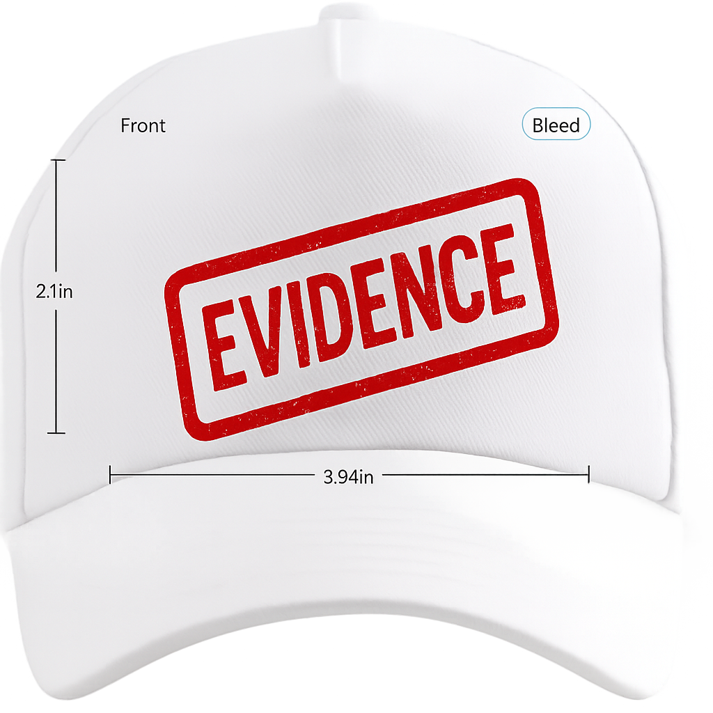 Close-up of a white baseball cap with the word "EVIDENCE" stamped in red across the front, showing measurements of the cap's front and width.