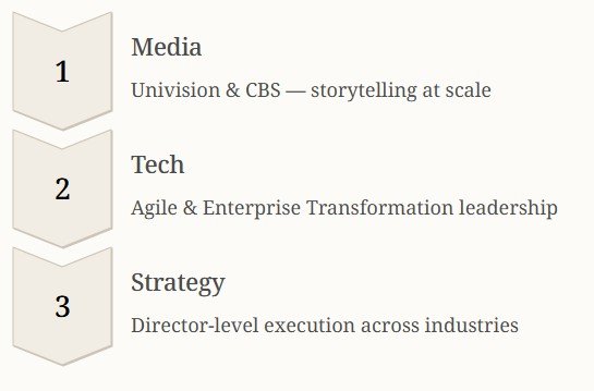 Three sections titled Media, Tech, and Strategy with numbered labels and descriptions related to storytelling, enterprise transformation, and executive execution.