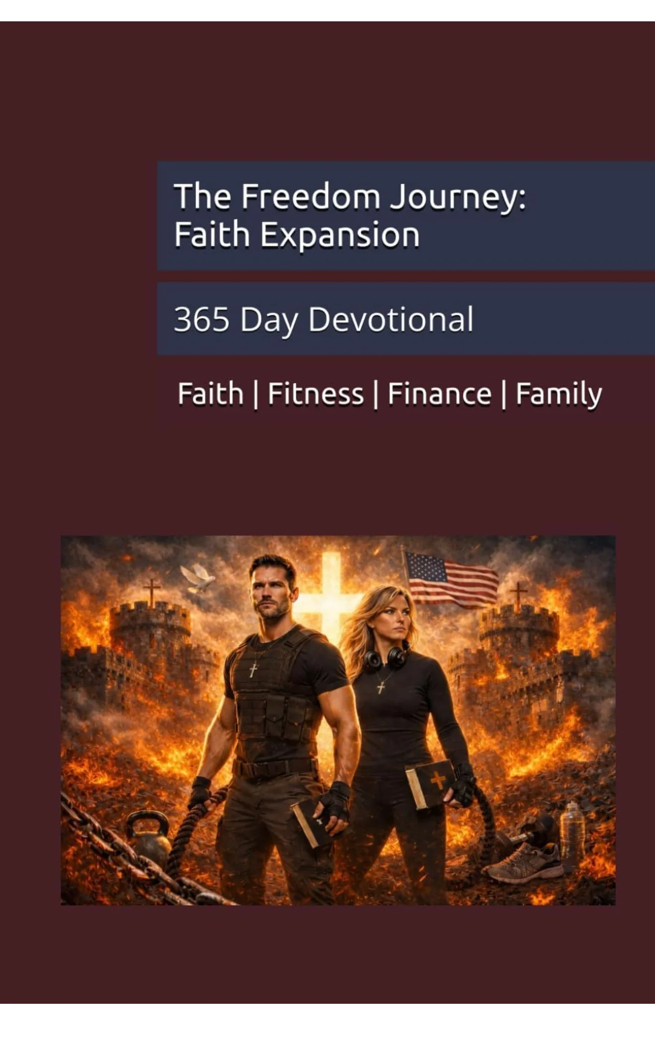 Cover of a faith-based devotional book titled "The Freedom Journey: Faith Expansion." The subtitle indicates it is a 365-day devotional and includes themes of faith, fitness, finance, and family. The cover features a man and woman standing in front of a background with burning castles, an American flag, and a cross illuminated among fire and smoke.