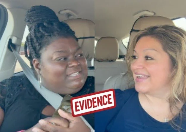 Two women sitting in a car, smiling and looking at each other, with a red 'EVIDENCE' stamp across the image.