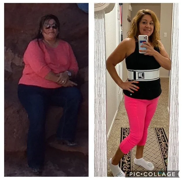 Side-by-side comparison of a woman before and after weight loss. In the left image, she is wearing a pink top and dark jeans, sitting outdoors. In the right image, she is taking a selfie indoors, wearing a black top with a white belt, bright pink capri pants, and white sneakers, showcasing a transformation.