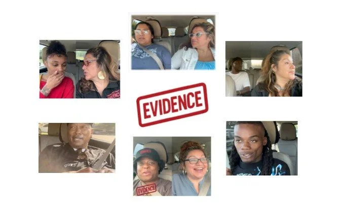 Collage of six people in cars with red 'EVIDENCE' stamps across the center and bottom left images.