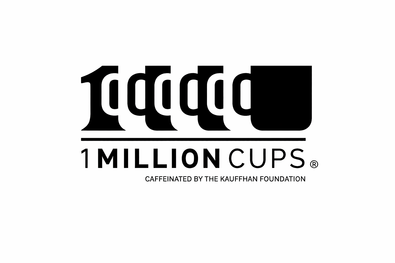 Logo for '1,000,000 Cups,' featuring bold black text with a stylized number '1,000,000' above the phrase '1 Million Cups,' and a tagline 'Caffeinated by the Kauffman Foundation' below.