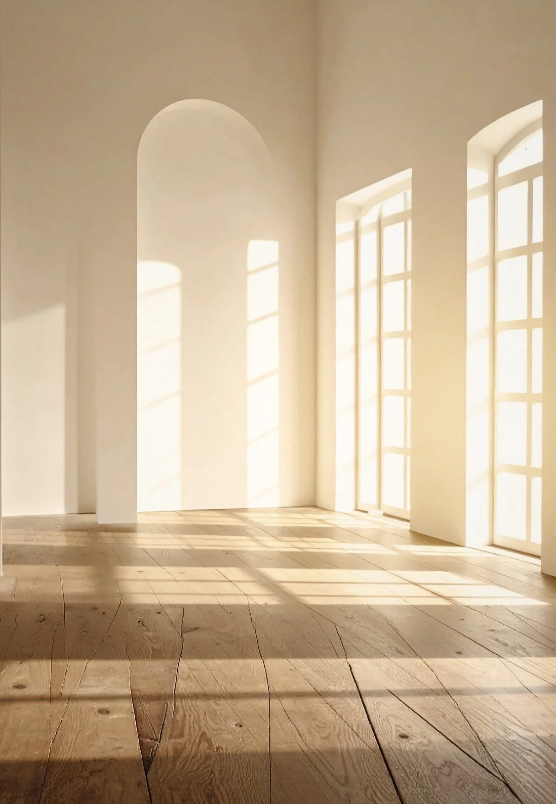 Bright room with tall arched windows casting sunlight and shadows on the wooden floor.