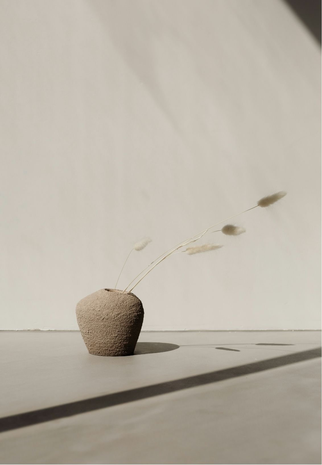 A small, textured beige vase with dried grass stems casts a shadow on a light surface, against a plain background.