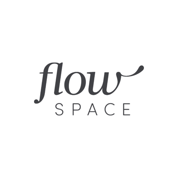 The logo for 'Flow Space' features the word 'flow' in cursive font above the word 'SPACE' in all caps, on a black background.