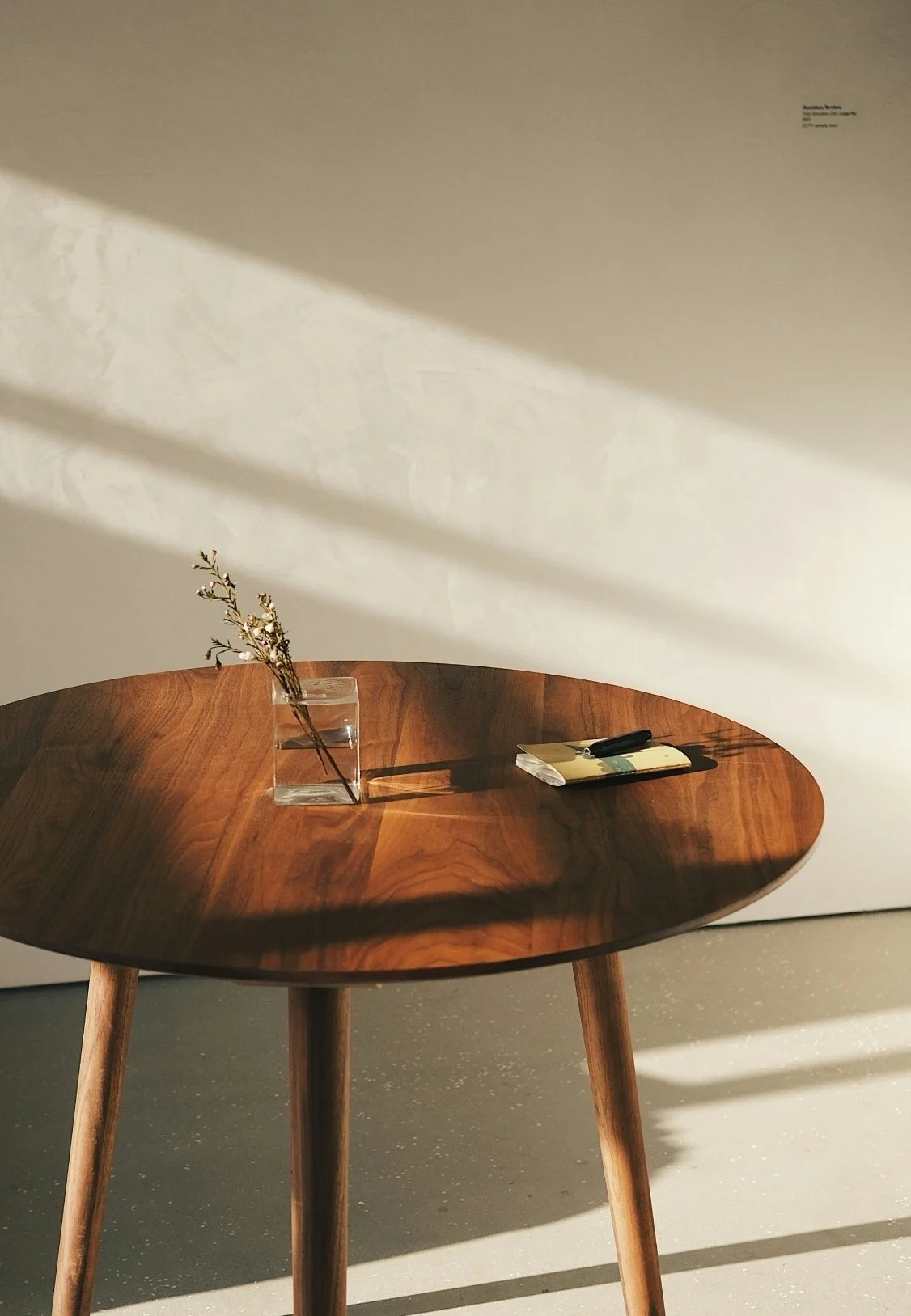 A round wooden table with a glass vase holding dried branches, and a closed book with a pen on top, casting shadows on the wall behind.