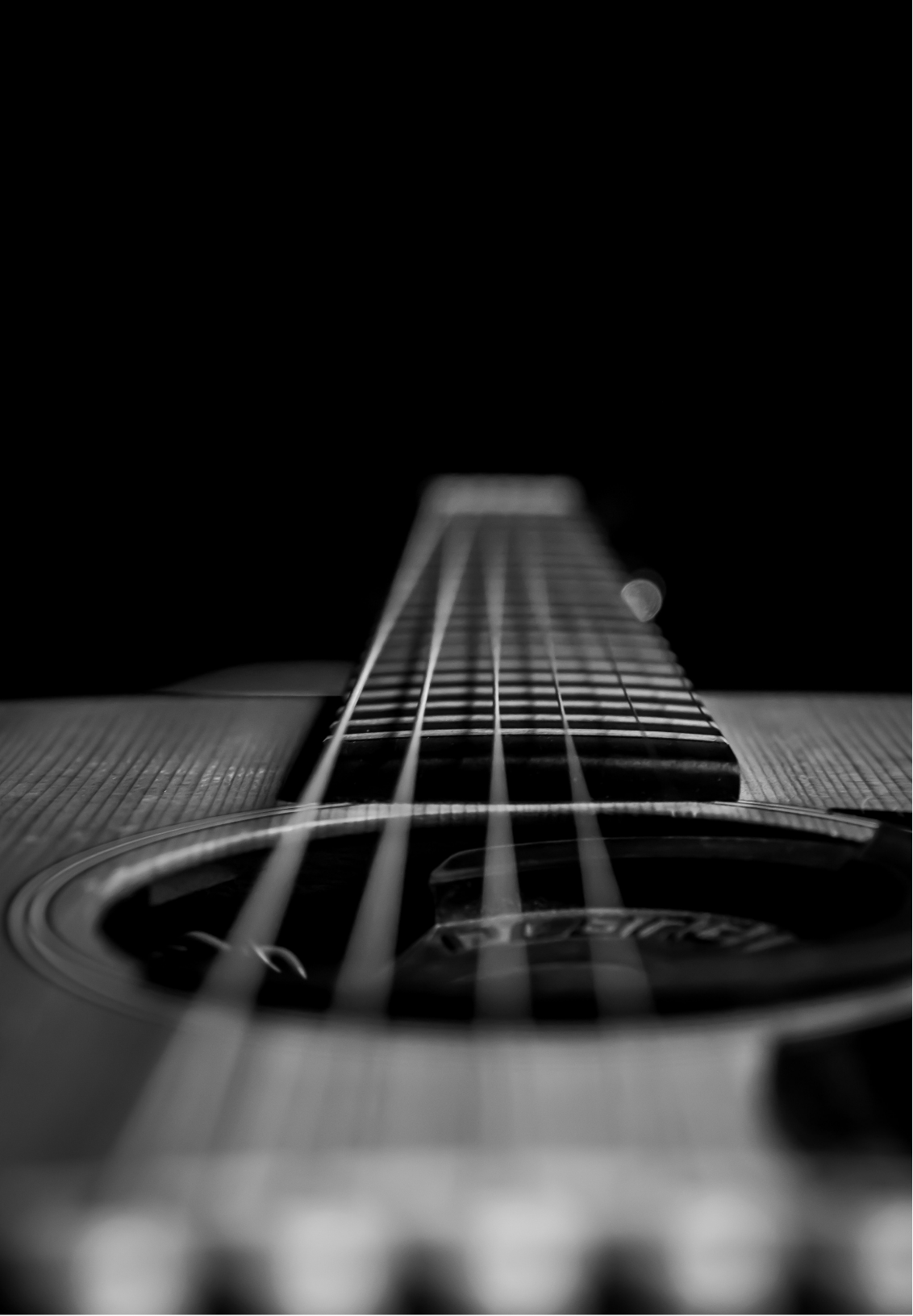Close-up black and white photo of an acoustic guitar viewed from the body to the headstock, with focus on the frets and strings.