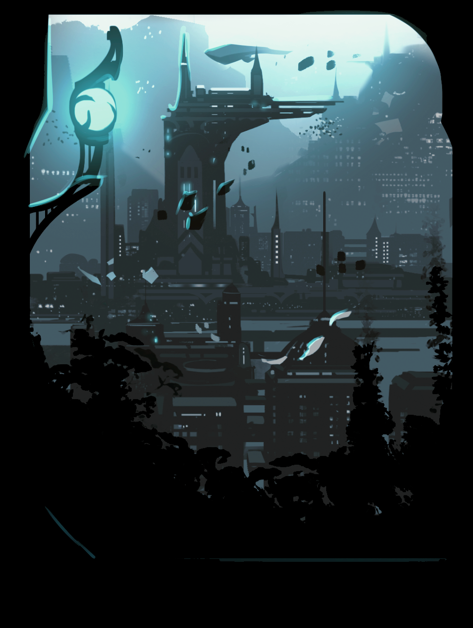 A futuristic cityscape with skyscrapers, floating platforms, and flying vehicles in a dark blue and teal color palette, viewed through a window.