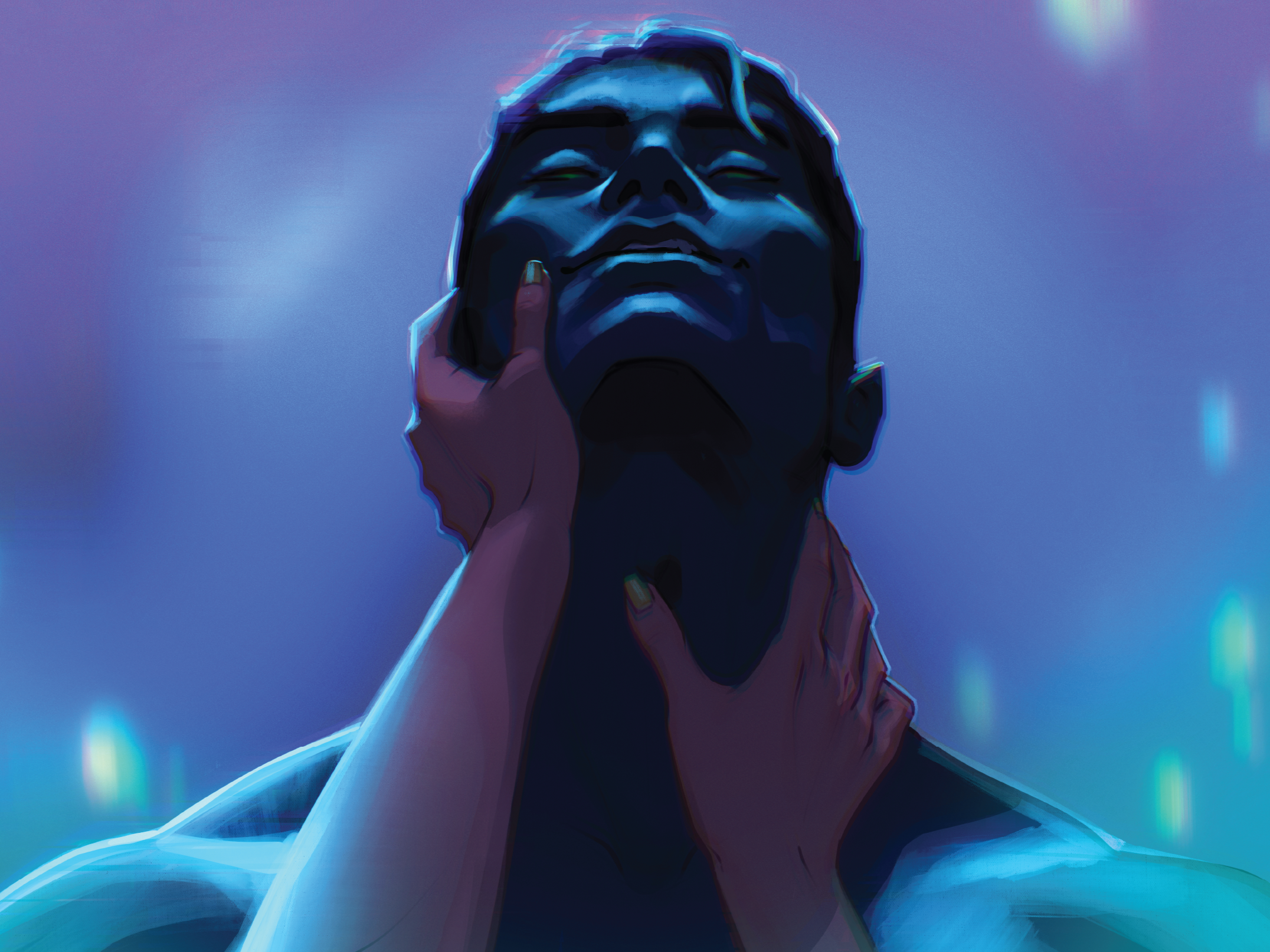 A digital artwork of a man with a dark face and closed eyes, being gently held by two hands on his face and neck, set against a blue and purple glowing background.