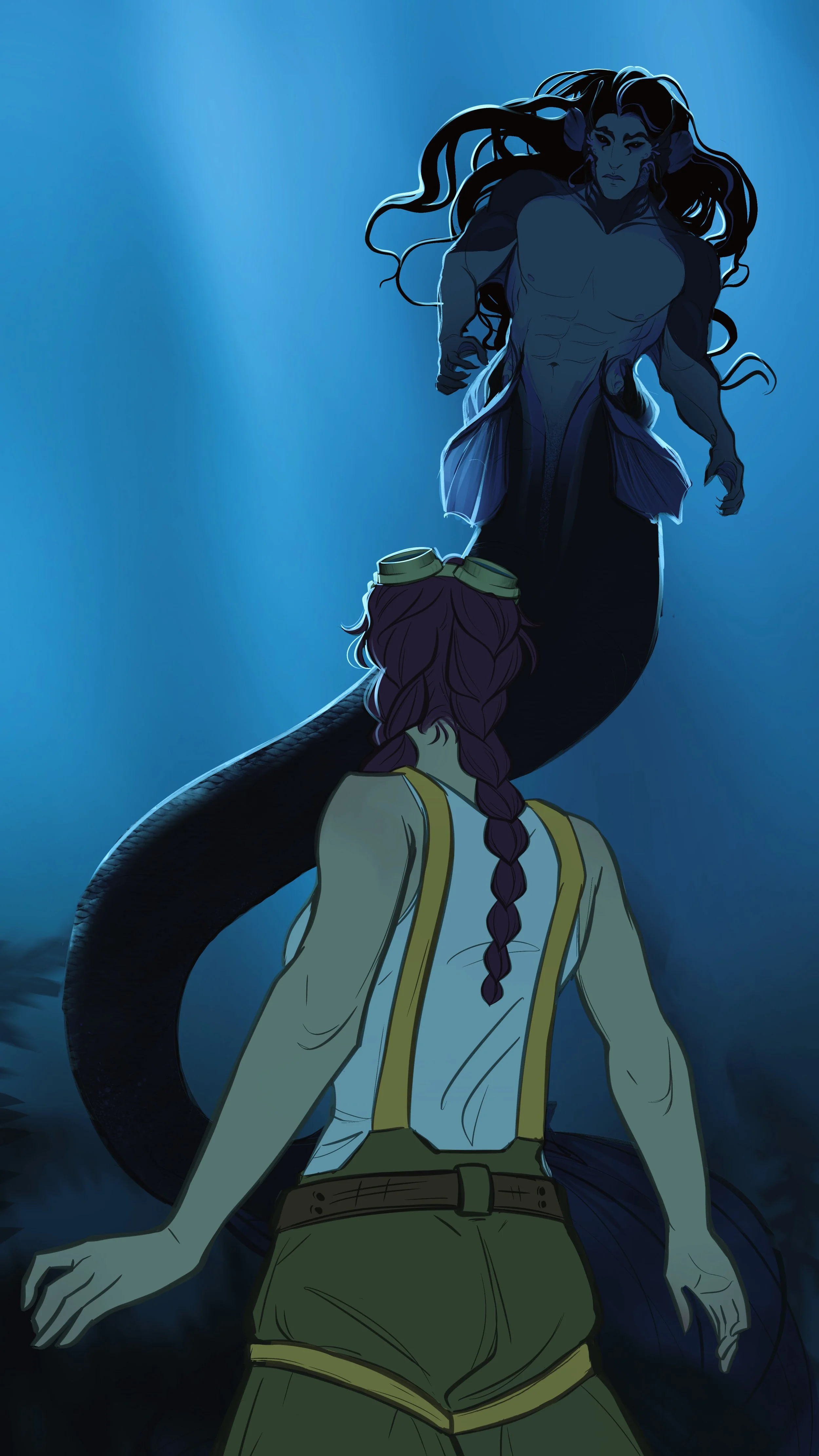 A mermaid with long dark hair and muscular upper body faces a woman with purple hair in braids, wearing goggles, in a dark underwater scene.